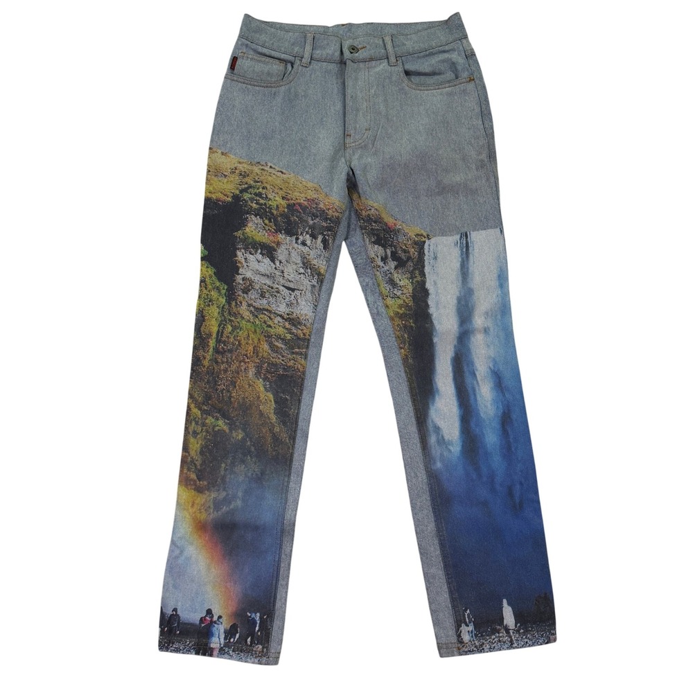 Pleasures Mens 30x31 Denim Jeans Blue Waterfall Graphic Streetwear Art Pants